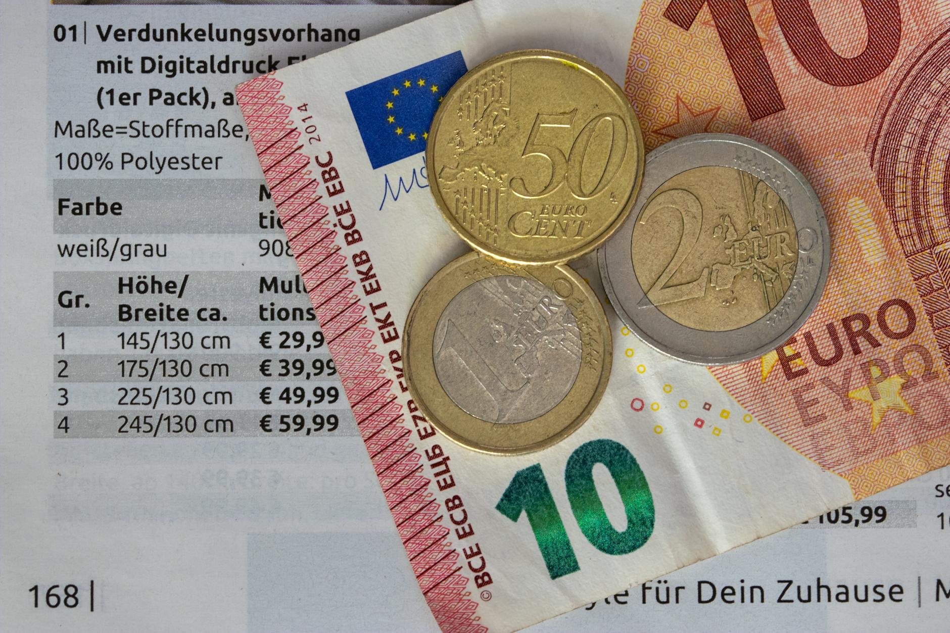 Monety i banknoty euro leżące na cenniku produktów